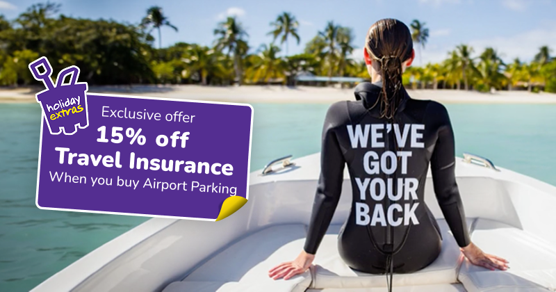 Holiday Extras travel insurance discount offer: 15% off with airport parking booking.